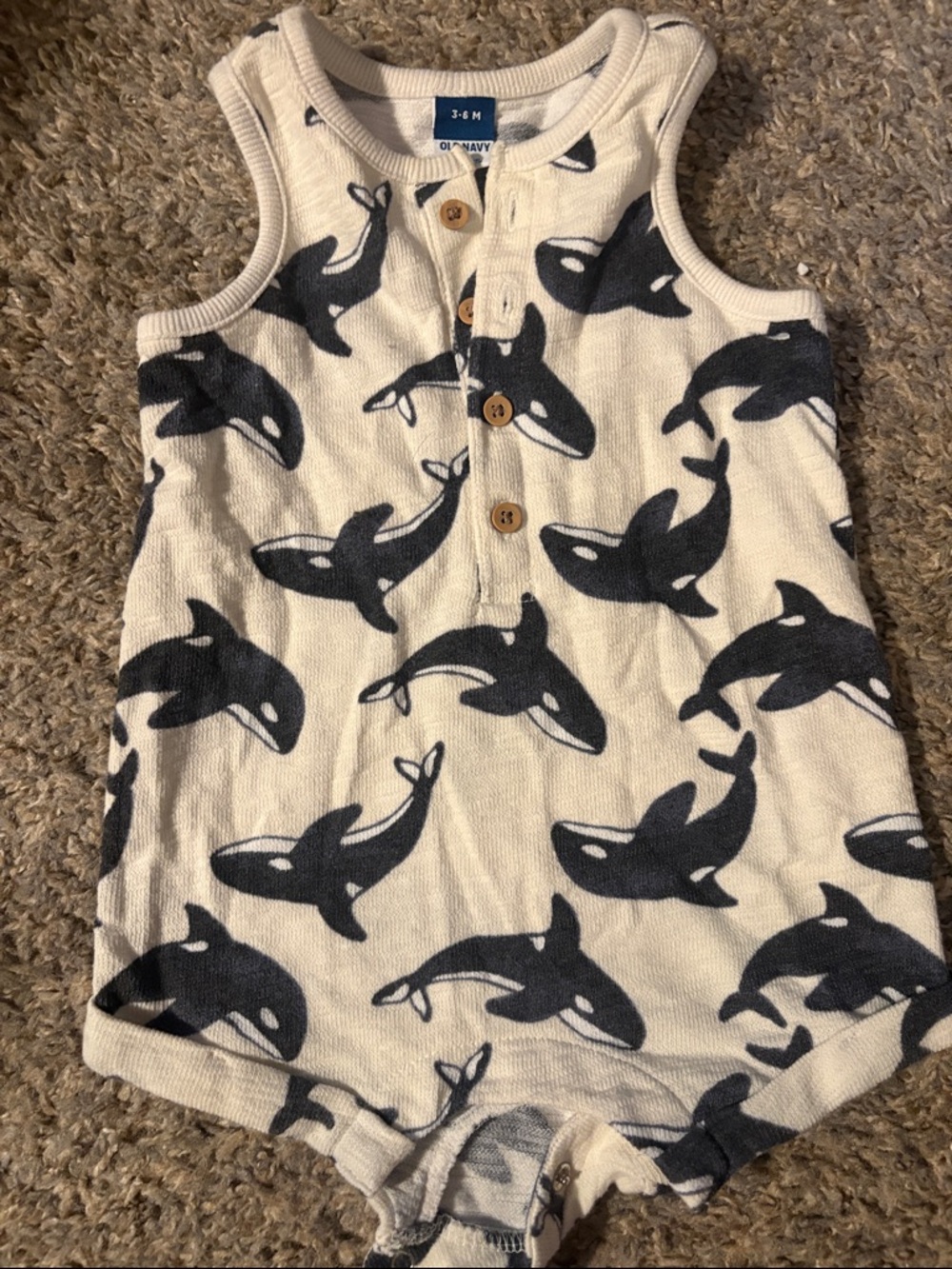 Old Navy Cream Knit Orca Print Romper with Navy Whales